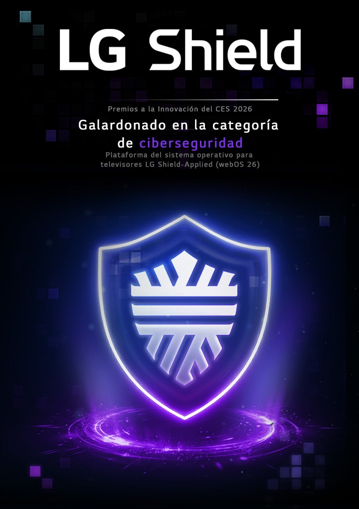LG AI TV, con la plataforma LG Shield para sistemas operativos de TV, ha sido reconocida en los CES Innovation Awards 2026 como galardonada en la categoría de ciberseguridad, representada por un ícono de escudo brillante con luz morada.
