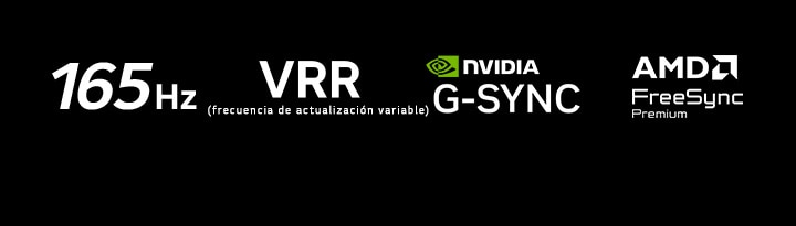 Los logotipos de 165Hz, VRR (frecuencia de actualización variable), NVIDIA G-SYNC y AMD FreeSync Premium aparecen sobre un fondo oscuro.
