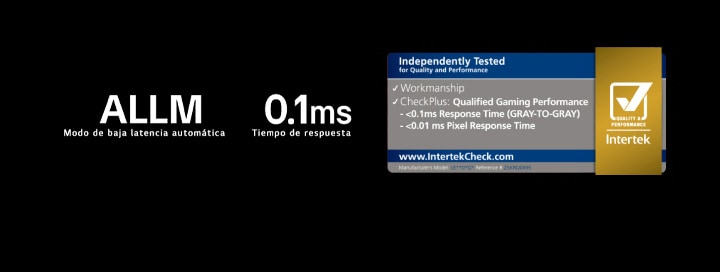 ALLM (modo de baja latencia automática), un tiempo de respuesta de <0.1 ms y el sello de certificación de Intertek aparecen sobre un fondo oscuro.