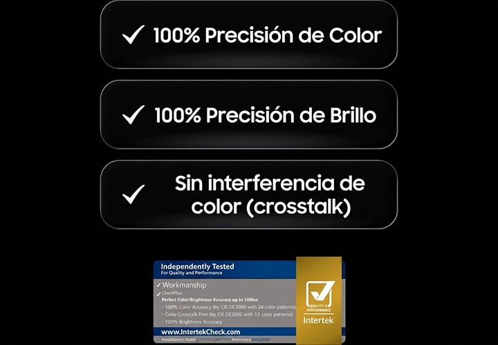 La televisión LG OLED evo cuenta con la certificación de Intertek, con insignias que destacan una precisión del 100% en el color, una precisión del 100% en el brillo y la ausencia de interferencia de color, lo que demuestra que es la primera en el mundo en obtener la certificación de precisión perfecta en color y brillo.