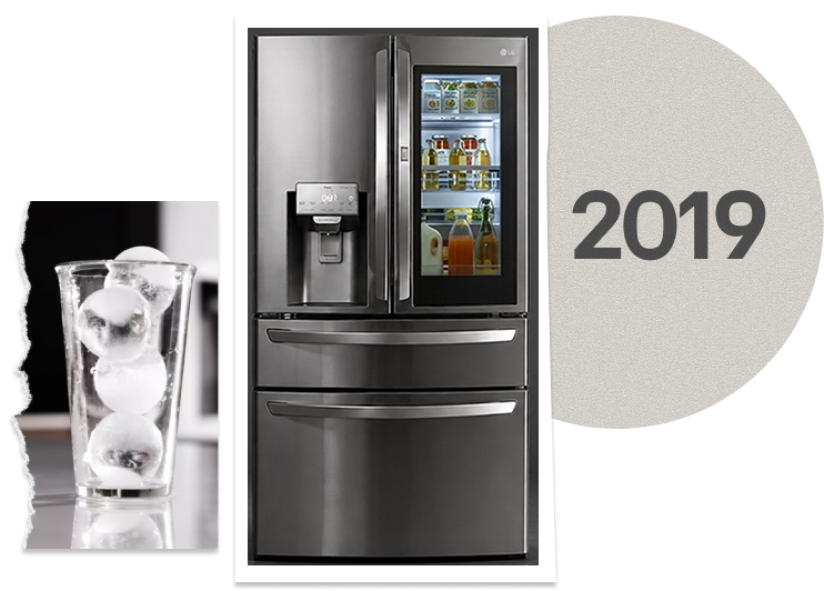 An LG InstaView refrigerator paired with a glass filled with round Craft Ice spheres over a red banner.