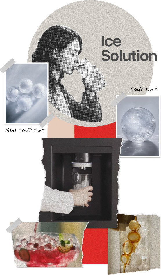 A woman drinking from a glass alongside photos of various ice types, dispensers, and drinks.