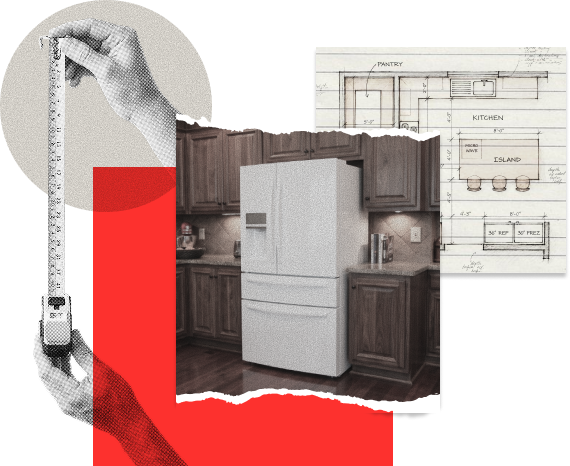 A tape measure and kitchen cabinetry blueprint paired with a white refrigerator integrated into modern kitchen cabinetry.