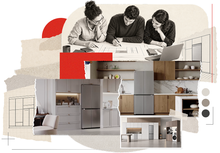 Designers collaborating over kitchen layout plans and interior renderings showcasing harmonious, built-in kitchen aesthetics.