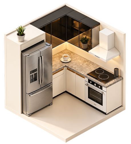 A miniature kitchen model showcasing a built-in refrigerator, stove, and modern cabinetry layout.