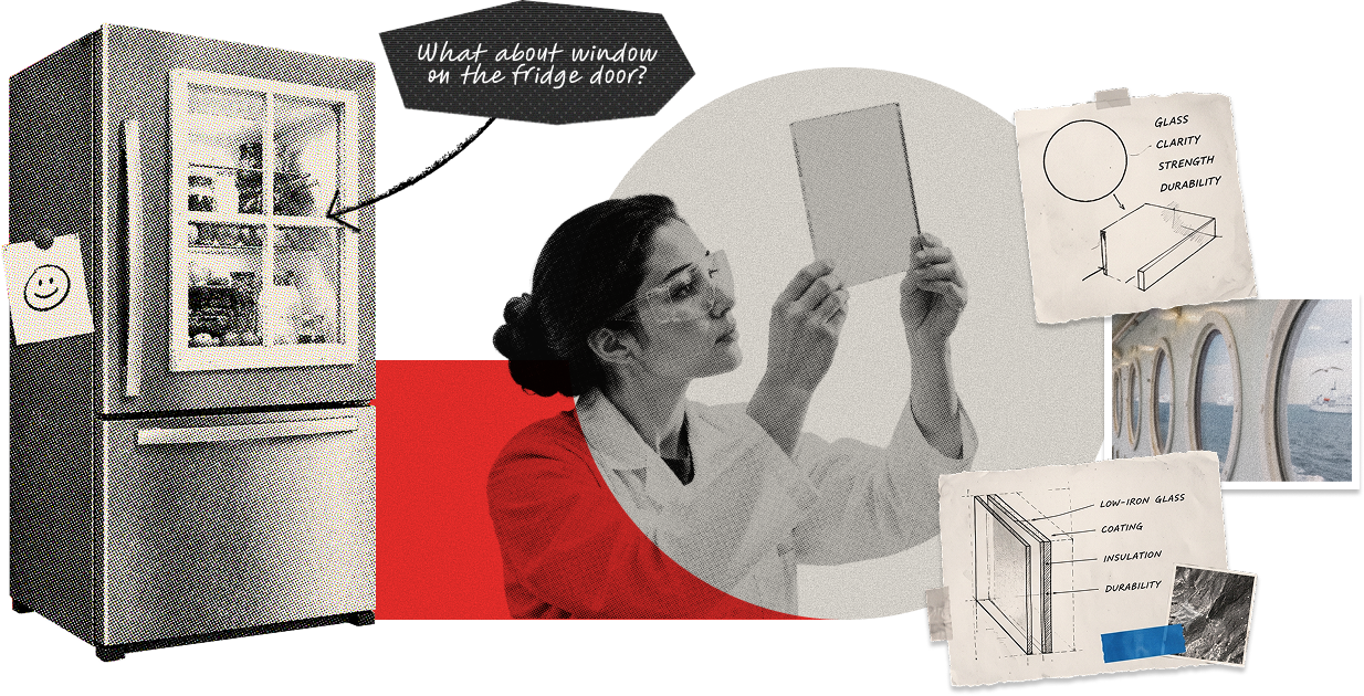 A female researcher examining glass panels next to early sketches and a prototype of a refrigerator with a window.