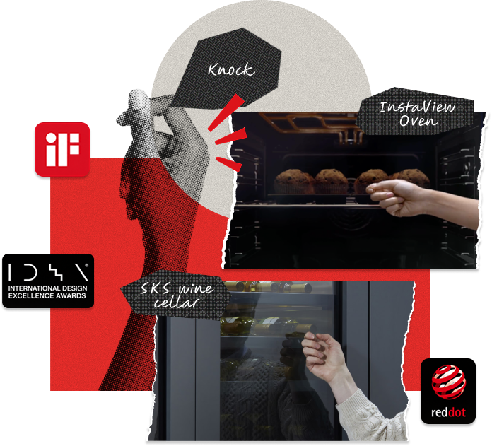 Product lineup and hands knocking on glass windows of an LG InstaView oven and wine cellar surrounded by design award logos.