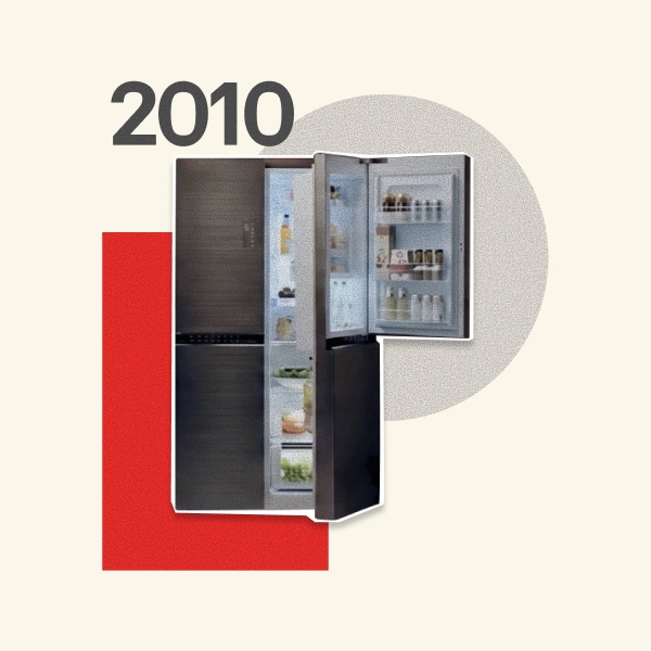 2010, An open Door-in-Door refrigerator showing organized food storage
