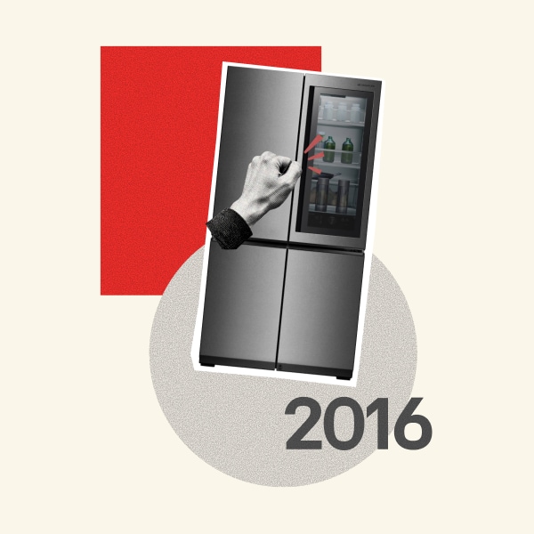 2016, A hand knocking on the transparent glass door of an LG InstaView refrigerator