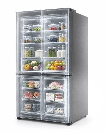 A modern refrigerator with transparent glass doors displaying organized food and drinks inside.