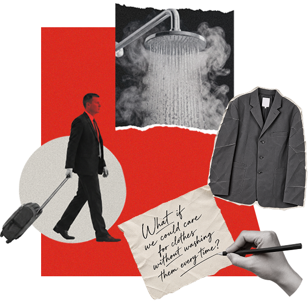 Collage illustrations of a businessman with a suitcase, a steaming shower, a jacket, and handwritten notes on a cream background.