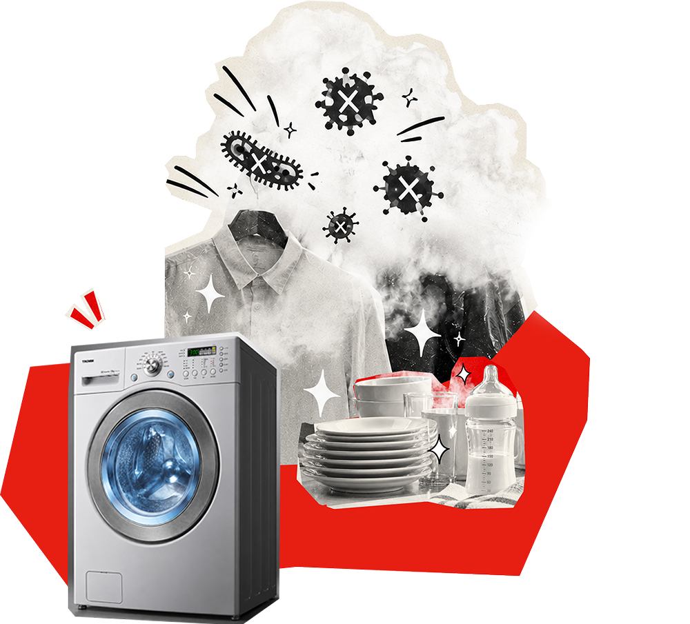 A silver front-load washing machine set against steam graphics targeting invisible germs and bacteria on clothes and tableware.