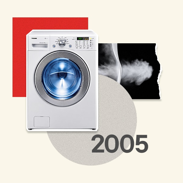 2005, A white front-load steam washing machine with a glowing blue door.