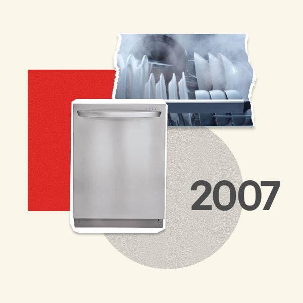 2007, A sleek built-in dishwasher appliance paired with steam graphics.