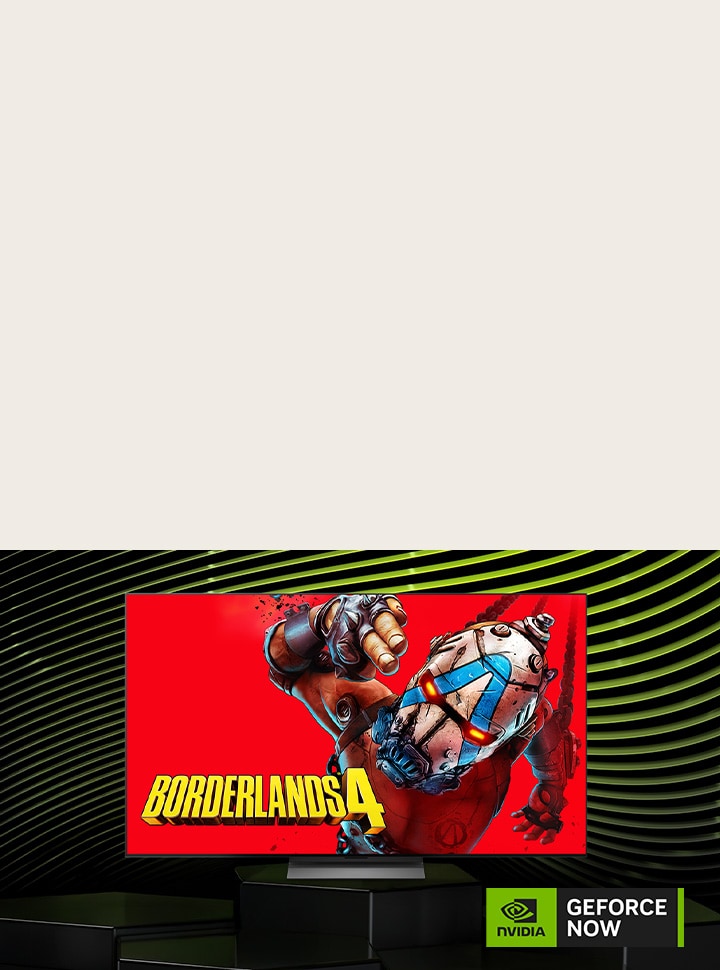LG Micro RGB evo AI MRGB95 with NVIDIA GeForce NOW displays Borderlands 4 on screen alongside a GeForce NOW logo, presenting cloud gaming access within the TV interface. 