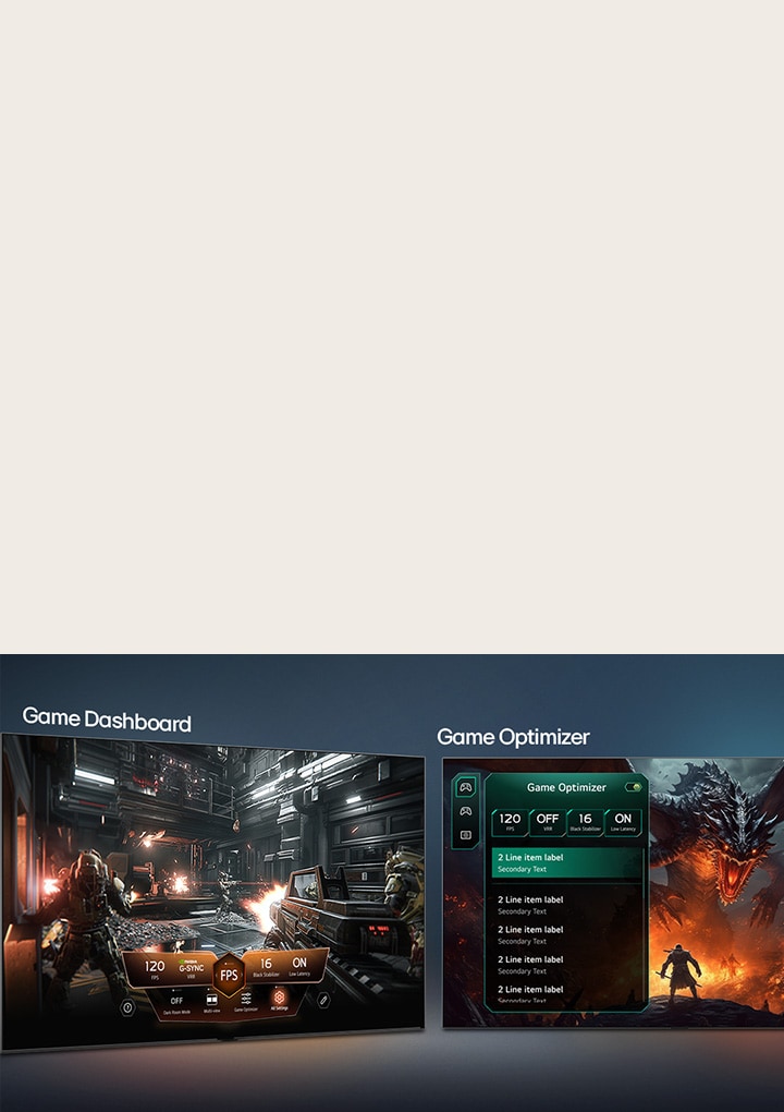 LG Micro RGB evo AI MRGB95 with Game Dashboard and Optimizer shows side-by-side game screens and an on-screen menu for adjusting gameplay settings such as refresh rate, latency, and visual modes in real time. 