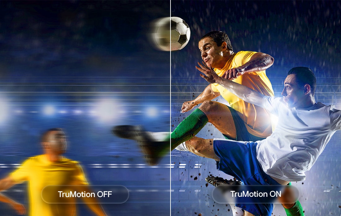 LG Micro RGB evo AI MRGB95 with TruMotion highlights motion smoothing in a split-screen soccer scene, contrasting blurred action with TruMotion Off and sharp, clear movement with TruMotion On to emphasize clarity in fast-paced sports. 	