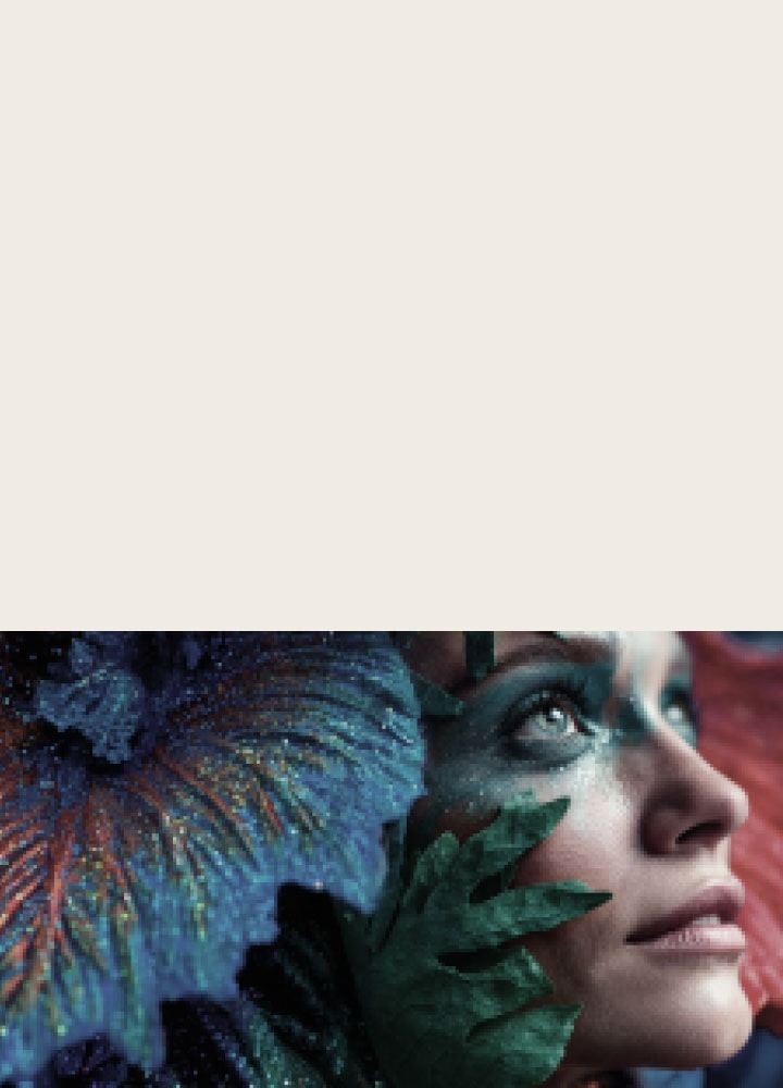 LG Micro RGB evo AI MRGB95 with AI Picture Pro shows a cinematic close-up of a woman’s face with rich textures and colors, as AI recognizes and upscales each frame up to 4K resolution. 	