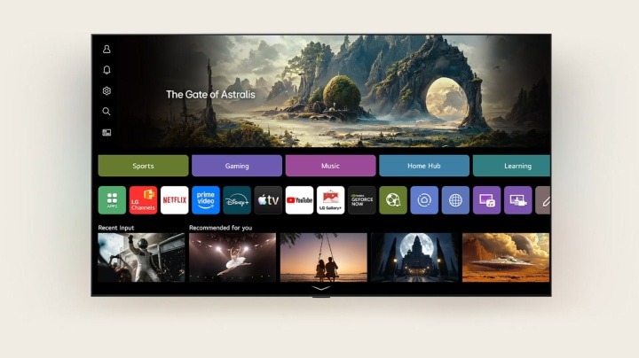 LG Micro RGB evo AI MRGB95 featuring AI Voice ID with My Page shows the webOS home screen with personalized recommendations tailored to the active user. 