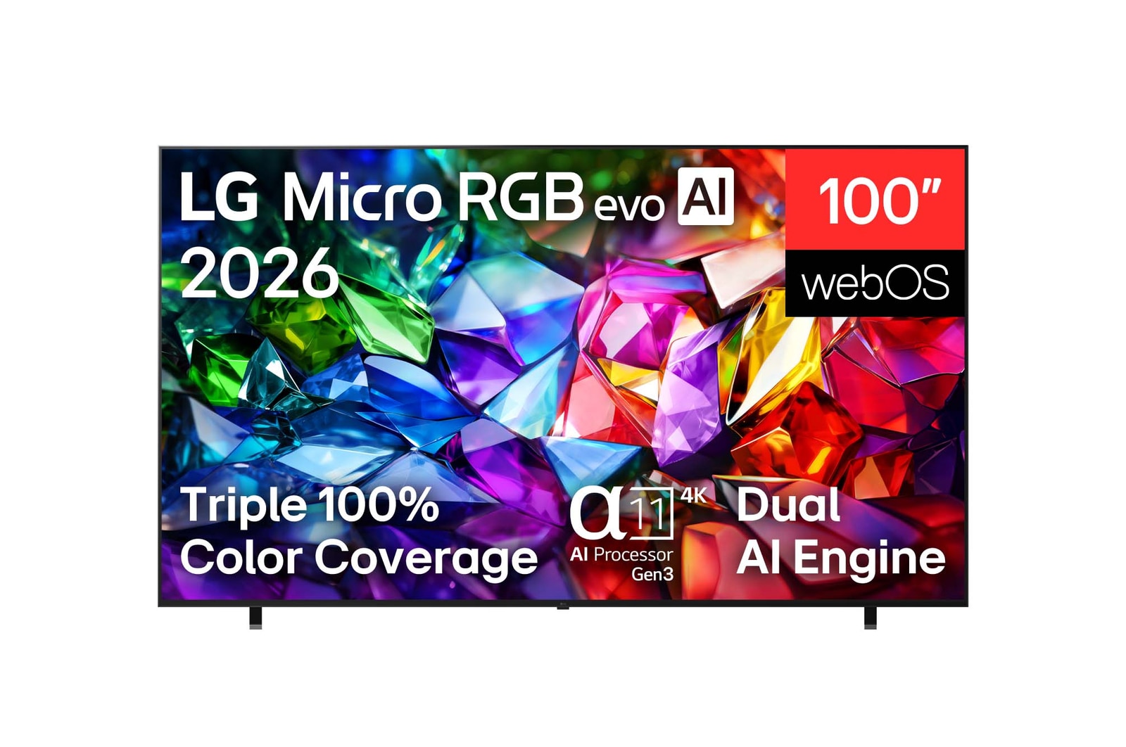 The front view of LG Mini RGB evo AI MRGB85, released in 2026, displays a crystalline image of sharply defined multicolored facets, featuring an 75-inch display, webOS, RGB Primary Color Pro, and the alpha 8 AI Processor 4K Gen3.