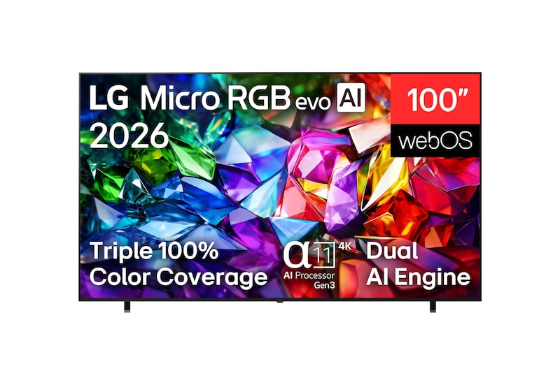The front view of LG Mini RGB evo AI MRGB85, released in 2026, displays a crystalline image of sharply defined multicolored facets, featuring an 75-inch display, webOS, RGB Primary Color Pro, and the alpha 8 AI Processor 4K Gen3.