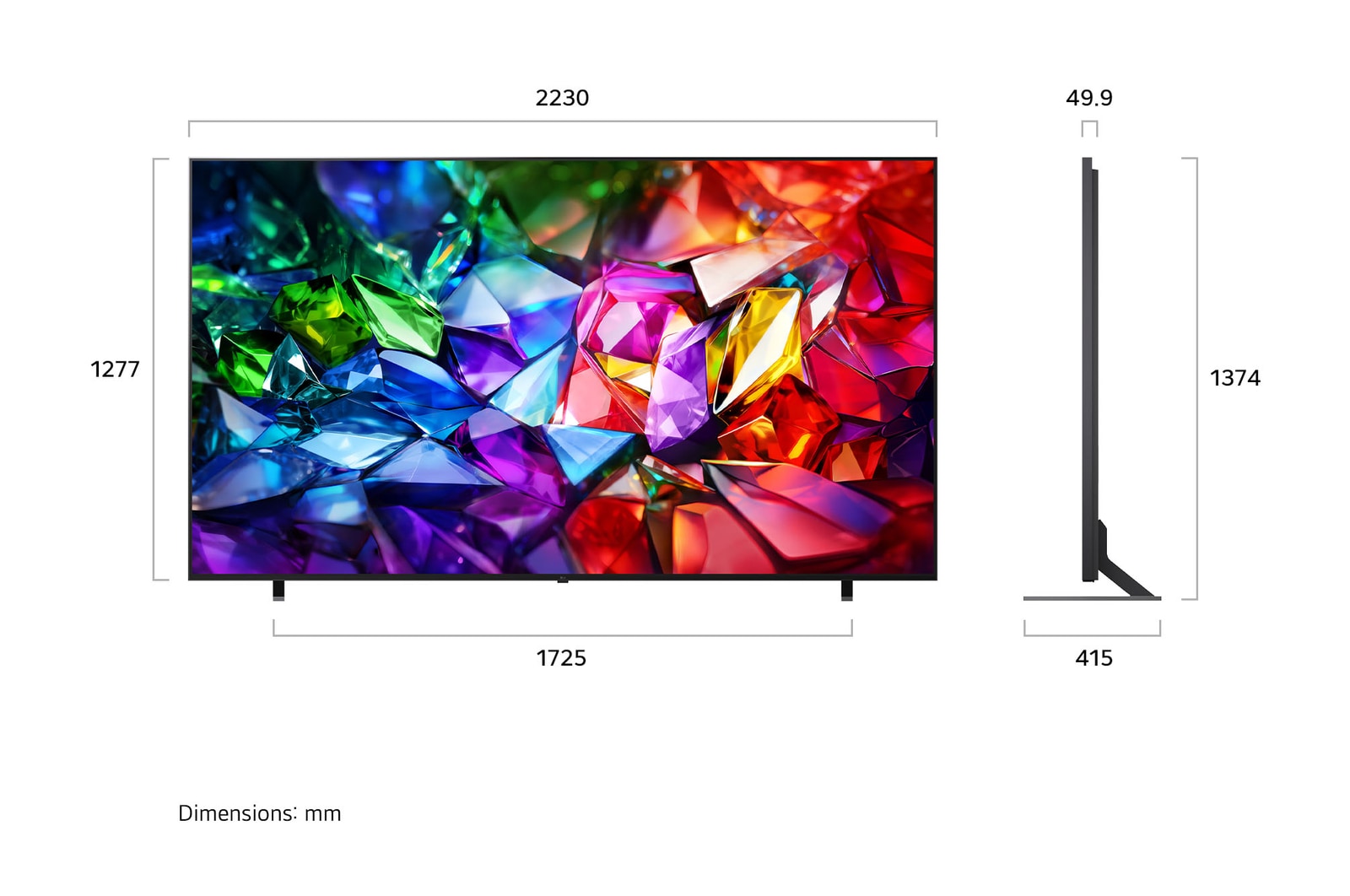 LG Mini RGB evo AI MRGB85 shown in front and side views highlights a 75-inch display with a 1677 mm-wide screen, a 966 mm screen height, a 1032 mm height with stand, a 51.6 mm depth, and a stand footprint measuring 1499 by 359 mm.