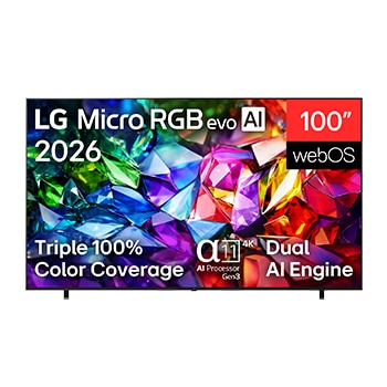 The front view of LG Mini RGB evo AI MRGB85, released in 2026, displays a crystalline image of sharply defined multicolored facets, featuring an 75-inch display, webOS, RGB Primary Color Pro, and the alpha 8 AI Processor 4K Gen3.