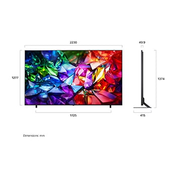 LG Mini RGB evo AI MRGB85 shown in front and side views highlights a 75-inch display with a 1677 mm-wide screen, a 966 mm screen height, a 1032 mm height with stand, a 51.6 mm depth, and a stand footprint measuring 1499 by 359 mm.