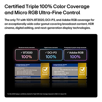 RGB Primary Color Pro, used in LG Mini RGB evo AI MRGB85, features a split image comparing conventional LED color on the left with brighter, more saturated buildings on the right, highlighting 100% DCI-P3 and 100% Adobe RGB coverage.