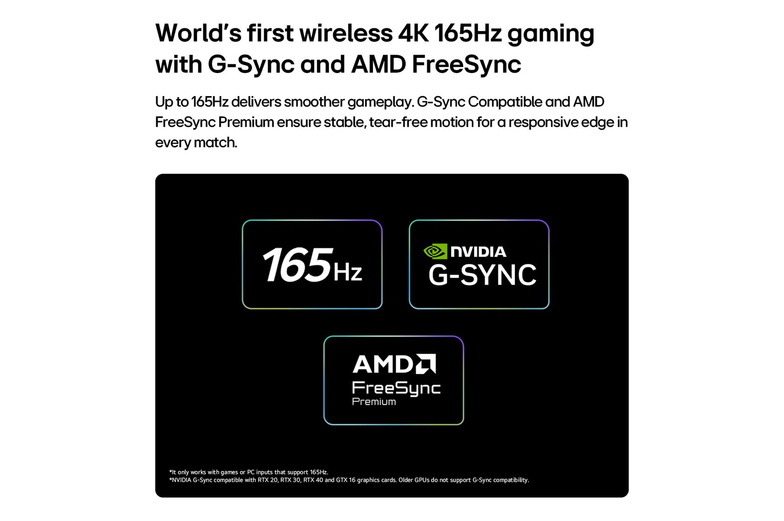 LG OLED evo AI W6 Wallpaper TV for Unbeatable Gameplay in 4K 165Hz shows a high-speed racing game with a yellow open-wheel car in motion, bold “WIN” text on screen, and NVIDIA G-SYNC and AMD FreeSync Premium logos at the top.