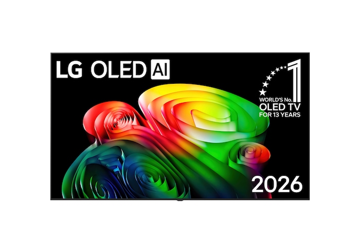 The front view of the LG OLED AI B6, released in 2026, displays an image of layered, multicolored forms, featuring Perfect Black & Perfect Color, along with the World’s No.1 OLED TV for 13 Years badge.