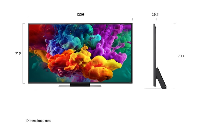 LG QNED evo AI QNED85 Mini LED shown in front and side views highlights a 55-inch display with a 1236 mm-wide screen, 716 mm screen height, 783 mm height with stand, a 29.7 mm slim profile depth, and a stand footprint measuring 1074 by 257 mm.
