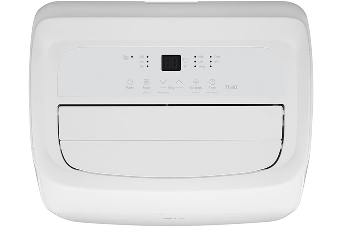 'Top control panel and display of LG 9,000 BTU portable air conditioner P9NC09TSED0