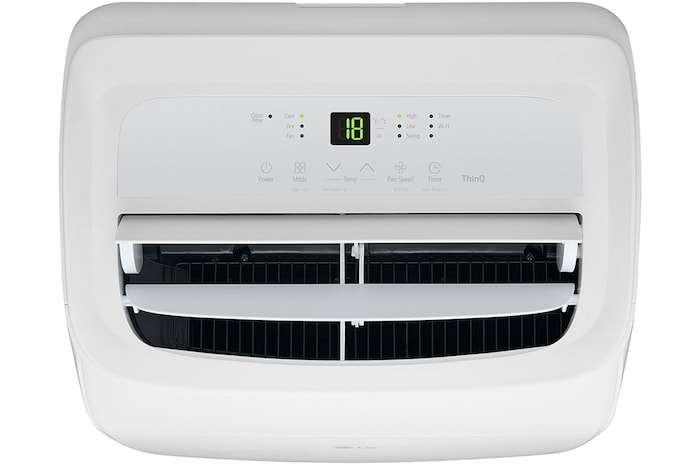 'Top air outlet open showing airflow vents on LG 9,000 BTU portable air conditioner P9NC09TSED0