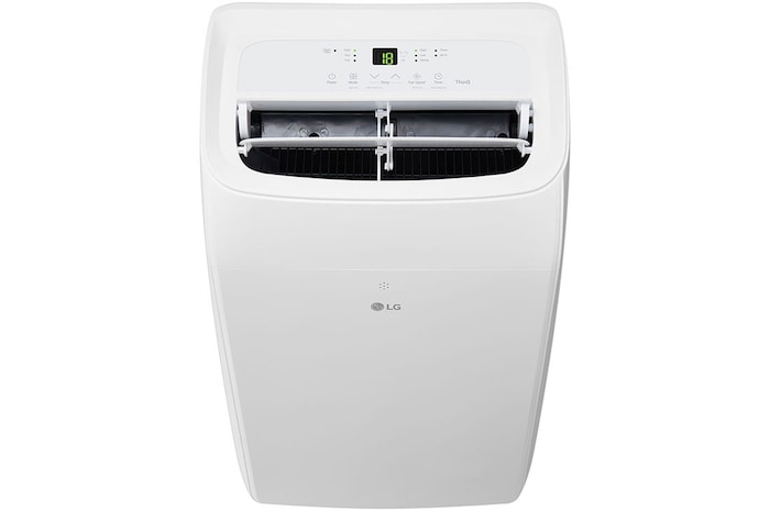 'Front view with air outlet open detail of LG 9,000 BTU portable air conditioner P9NC09TSED0