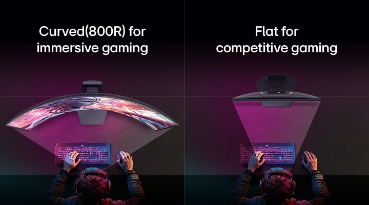 Vergelijking van bovenaf gezien van een gamer aan een bureau met twee monitoren: links een gebogen 800R-scherm voor meeslepende gaming met een breder gezichtsveld, en rechts een plat scherm dat is ontworpen voor competitief gamen met een gefocust recht gezichtsveld.
