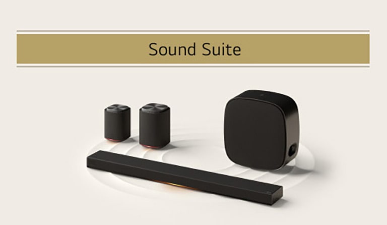 Een LG Sound Suite-set met een zwarte soundbar, een paar luidsprekers en een draadloos aangesloten woofer
