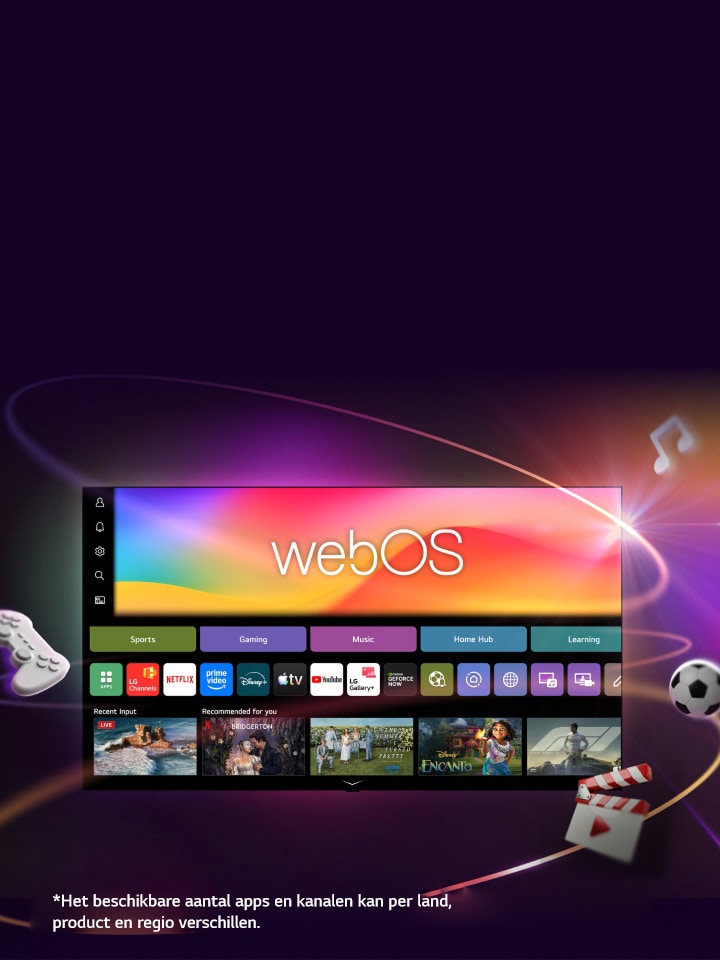 LG Smart TV met het webOS-startscherm met entertainment-apps en LG Channels gebruikersinterface-elementen die op dynamische vermenigvuldigen, waardoor uiteindelijk meer dan 4000 wereldwijde apps en kanalen worden getoond.