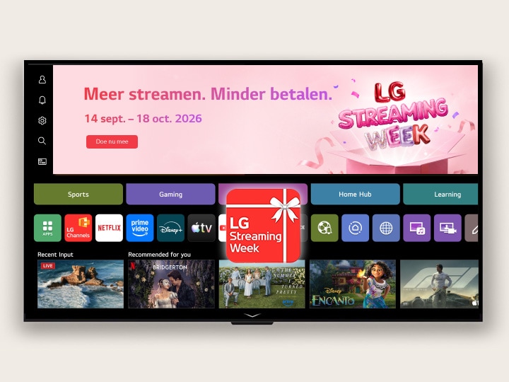 webOS Home UI met een LG Streaming Week-banner en app-icoon, met streaming-apps en aanbevolen content weergegeven op het scherm.