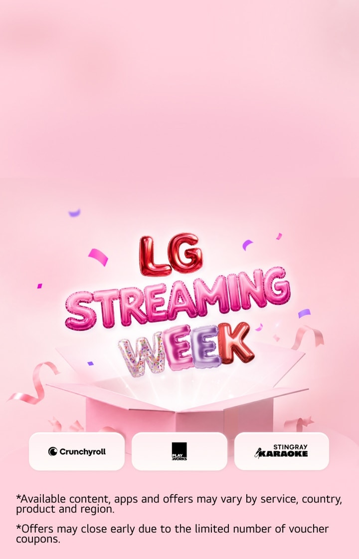 Kleurrijke letters in ballonstijl van 'LG Streaming Week' komen omhoog uit een open roze geschenkdoos, omringd door linten en confetti op een zachtroze achtergrond.