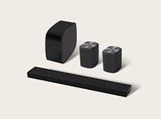 'LG Immersive Suite 7 Pro, een stereo audiosysteem voor thuis met een Sound Suite-soundbar, twee luidsprekers en een woofer.