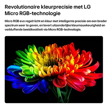 LG Micro RGB evo AI MRGB96, aangedreven door RGB Primary Color Ultra, toont een bloembeeld op het scherm, met nauwkeurig gecontroleerd rood, groen en blauw licht van verschillende Micro RGB-engines voor gebalanceerde kleuren en verfijnd contrast.