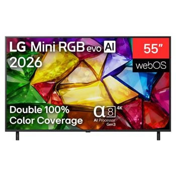Vooraanzicht van 55 inch LG Mini RGB evo AI MRGB86 4K Smart TV  2026 55MRGB86B9A