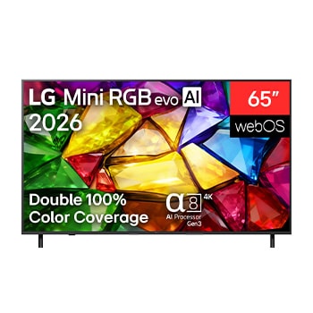 Vooraanzicht van 65 inch LG Mini RGB evo AI MRGB86 4K Smart TV  2026 65MRGB86B9A