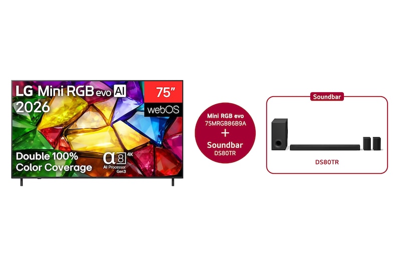 Vooraanzicht van 75 inch LG Mini RGB evo AI MRGB86 4K Smart TV  2026 & DS80TR 5.1.3-kanaals 75MRGB86B9A.DS80TR
