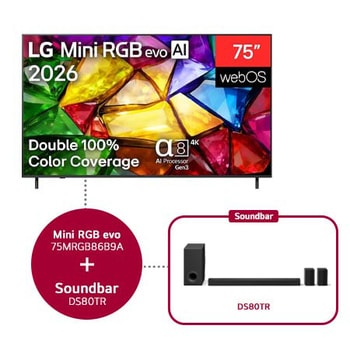 De voorkant van de LG Mini RGB evo AI MRGB86, gelanceerd in 2026, heeft een slanke zwarte rand met korte voetjes, terwijl een levendig, kristalhelder beeld van scherp gedefinieerde veelkleurige facetten het scherm vult.