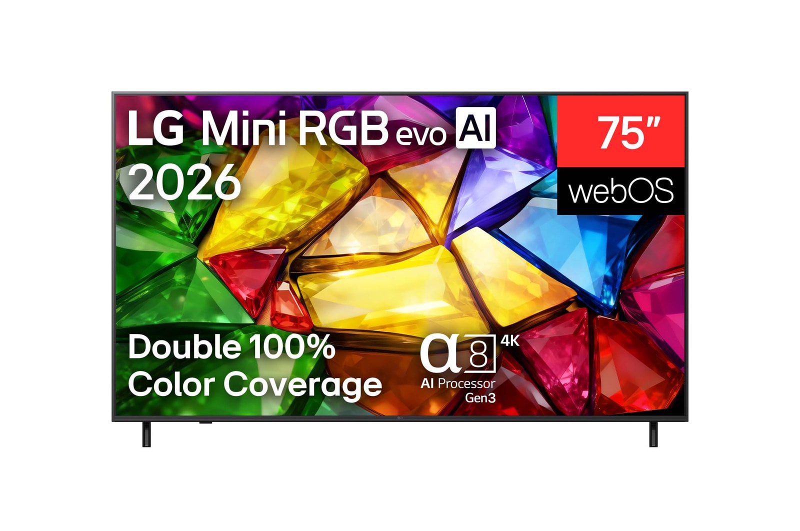 De voorkant van de LG Mini RGB evo AI MRGB86, gelanceerd in 2026, heeft een slanke zwarte rand met korte voetjes, terwijl een levendig, kristalhelder beeld van scherp gedefinieerde veelkleurige facetten het scherm vult.
