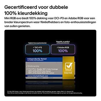 Een LG Mini RGB evo AI MRGB86, voorzien van RGB Primary Color Pro, biedt 100% kleurdekking van DCI-P3 en Adobe RGB, gecertificeerd door Intertek.