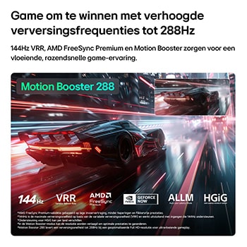 Een LG Mini RGB evo AI MRGB86 met Ultimate Gameplay toont een levendige, supersnelle racescène met een wazige vergelijkingsinzet die Motion Booster 288 benadrukt, terwijl het 144Hz, VRR, AMD FreeSync, ALLM, HGiG en GeForce NOW ondersteunt.