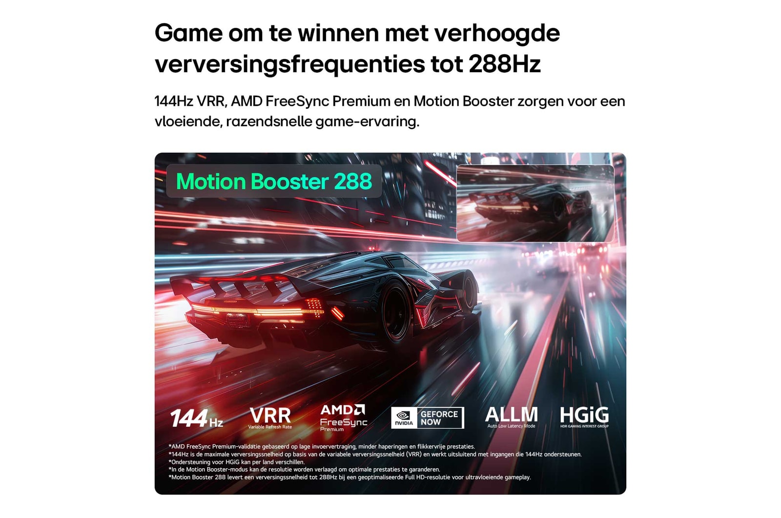 Een LG Mini RGB evo AI MRGB86 met Ultimate Gameplay toont een levendige, supersnelle racescène met een wazige vergelijkingsinzet die Motion Booster 288 benadrukt, terwijl het 144Hz, VRR, AMD FreeSync, ALLM, HGiG en GeForce NOW ondersteunt.